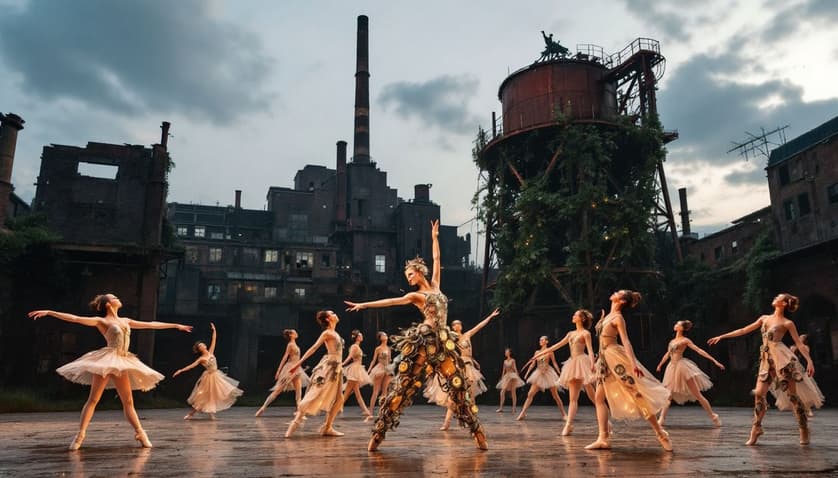 Costumes and set designs inspired by industrial archaeology, displayed in a ballet setting