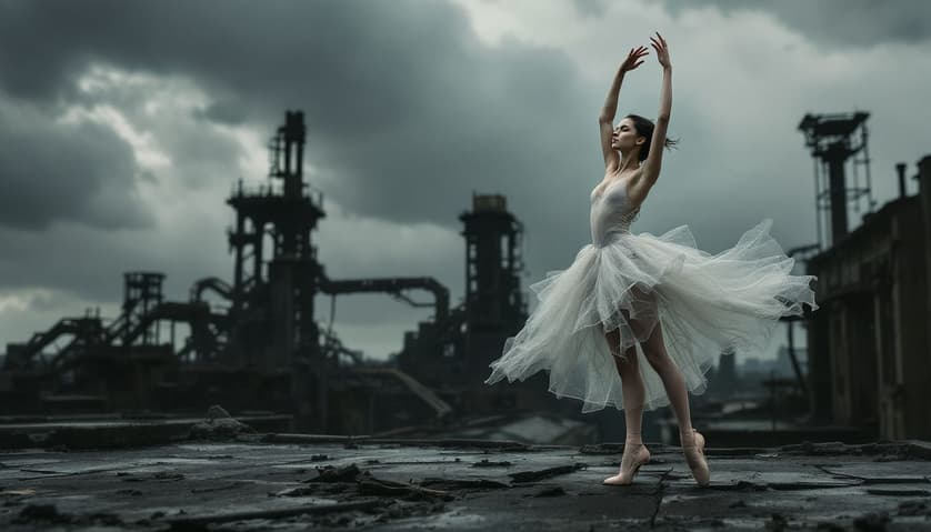 A dancer performing a ballet routine, symbolizing the blend of industrial archaeology and ballet stories.