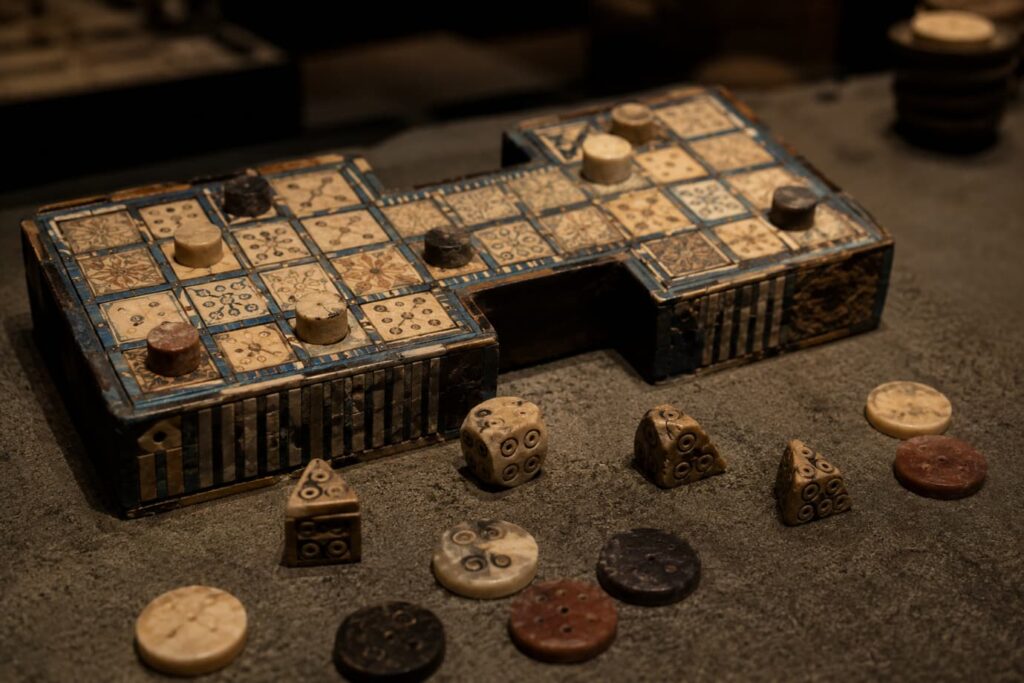 Mesopotamia and the Royal Game of Ur – reconstructed ancient dice game with the Royal Game of Ur board showing the early history of casino-style games of chance
