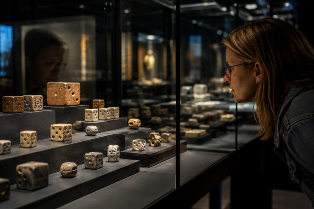 Why Dice Survived Every Civilisation That Used Them – museum collection of ancient dice demonstrating the lasting history of games of chance and the evolution toward modern casino gaming